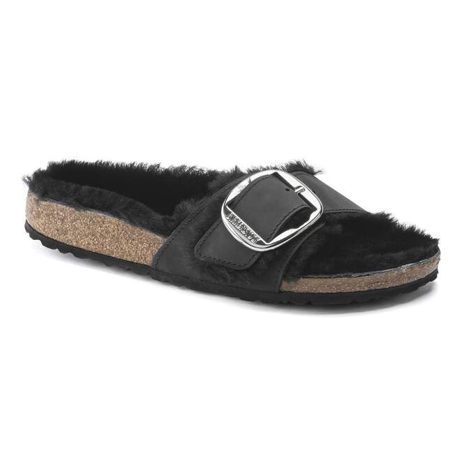 Birkenstock Unisex Madrid Big Buckle Shearling Natural Leather Black