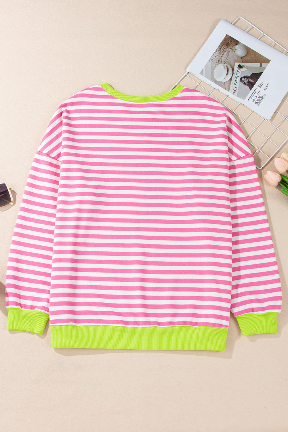 Baya Striped Contrast Trim Drop Shoulder Sweatshirt - Pink