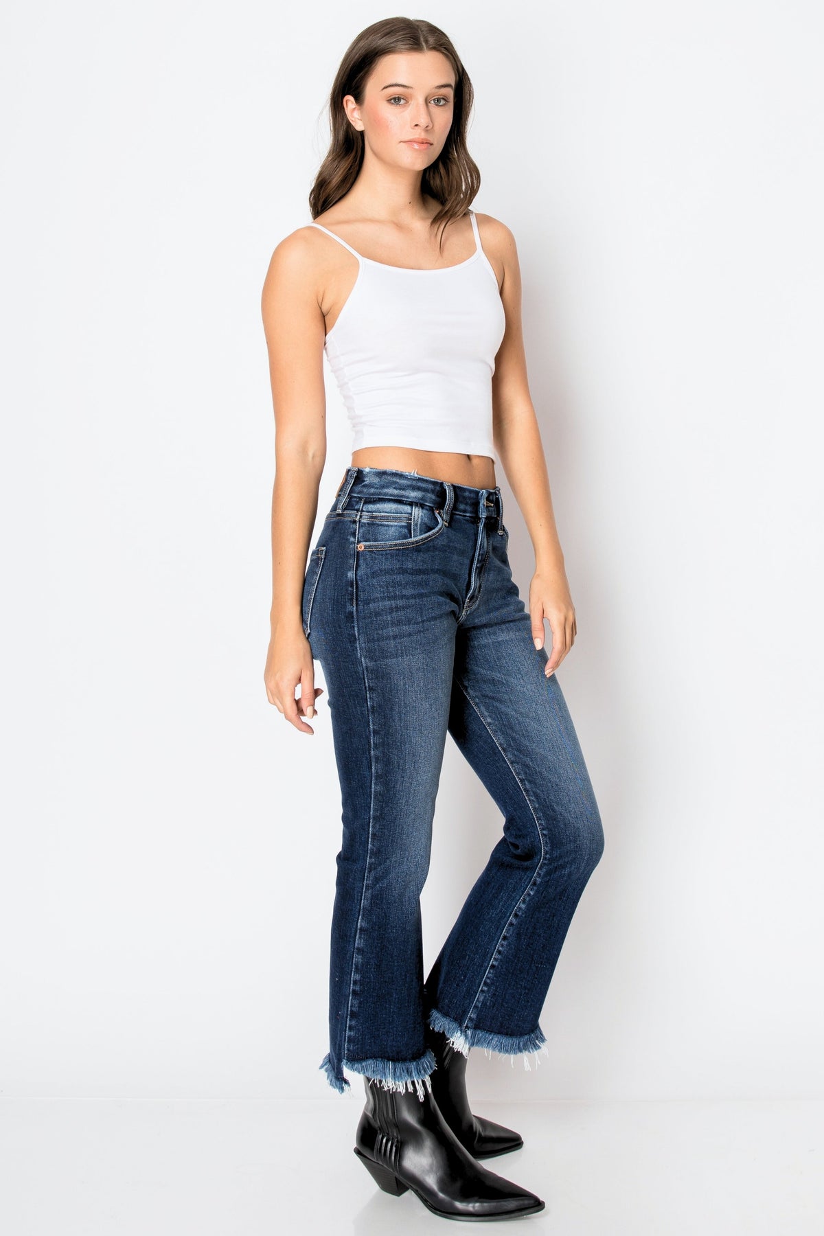 Eco Friendly Corset High Rise Crop Flare Jeans (Dark Wash)