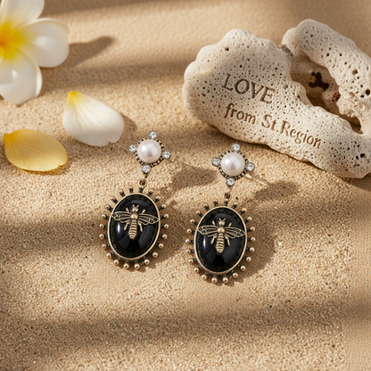 Black Crystal & Pearl Goldtone Bee Drop Earrings