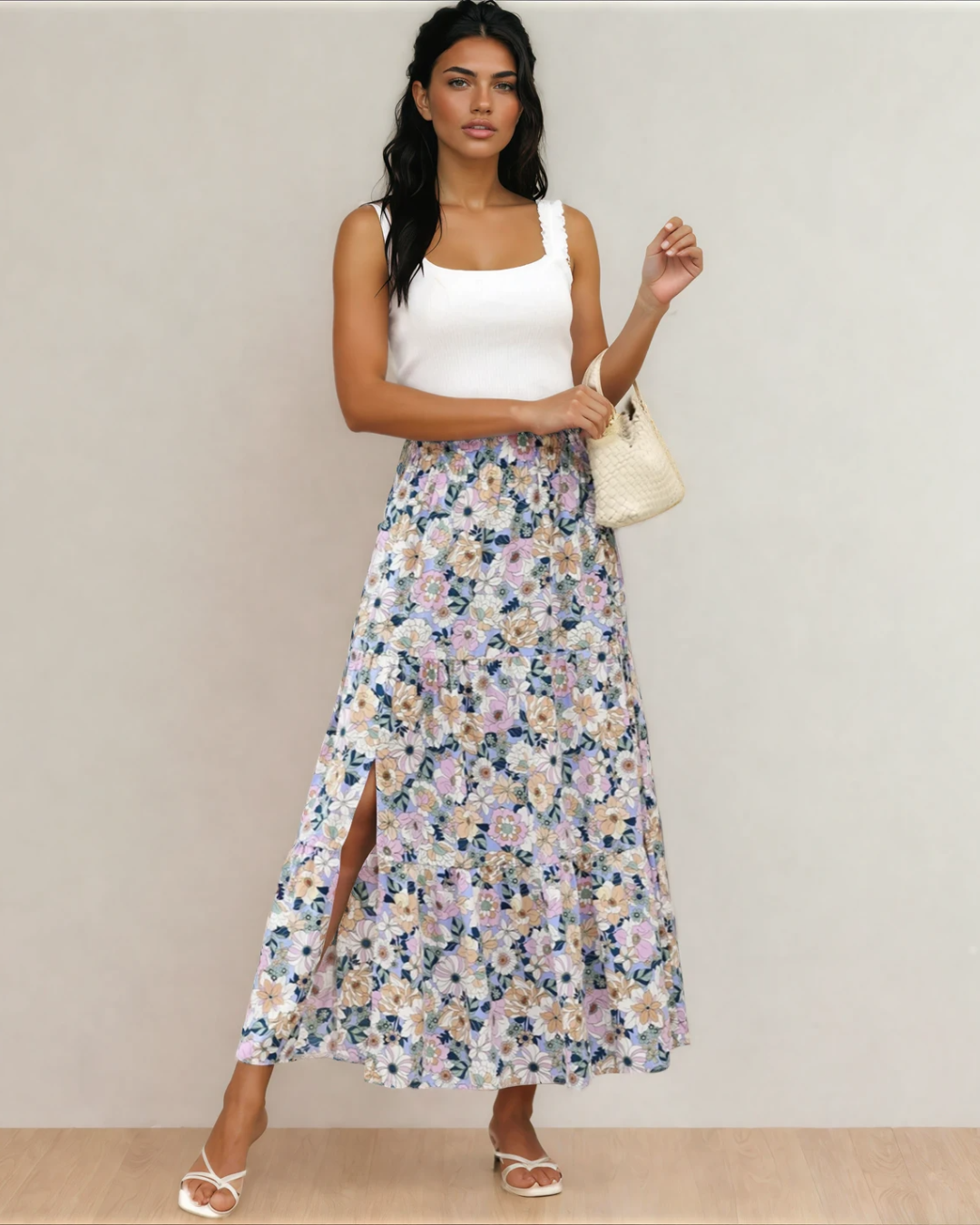Alethea Bohemian Floral Print Tiered Maxi Skirt with Split - Sky Blue
