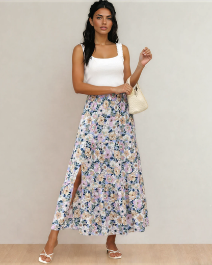 Alethea Bohemian Floral Print Tiered Maxi Skirt with Split - Sky Blue