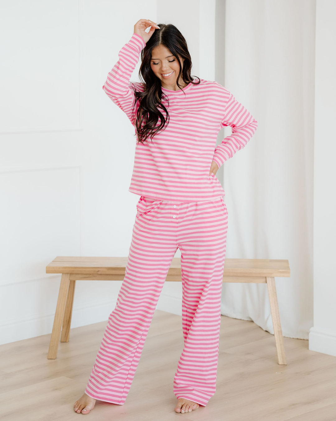 Amayah Stripe Drop Shoulder Round Neck Top and Buttoned Straight Pants Two Piece Set