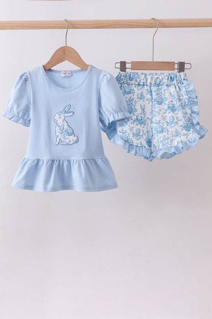 Blue bunny applique ruffle shorts set