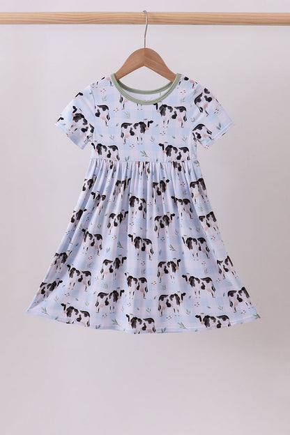 Blue cow print bamboo gingham dress