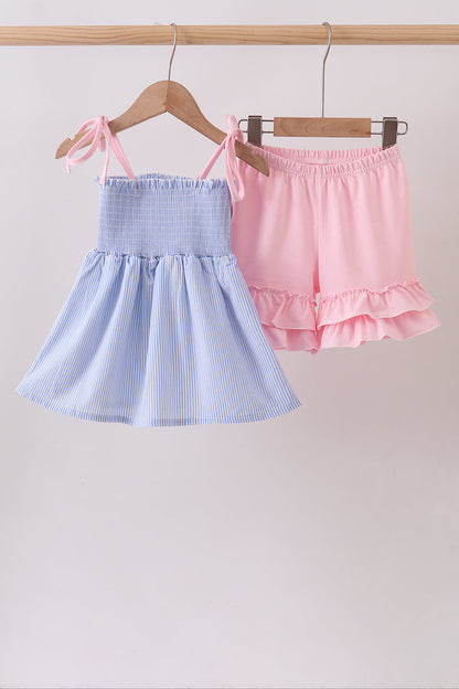 Blue Stripe Bow Smocked Ruffle Shorts Set
