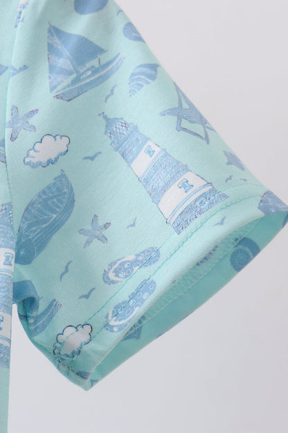 Blue beach print pocket top