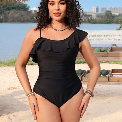 Single shoulder lace pleated one-piece swimsuit