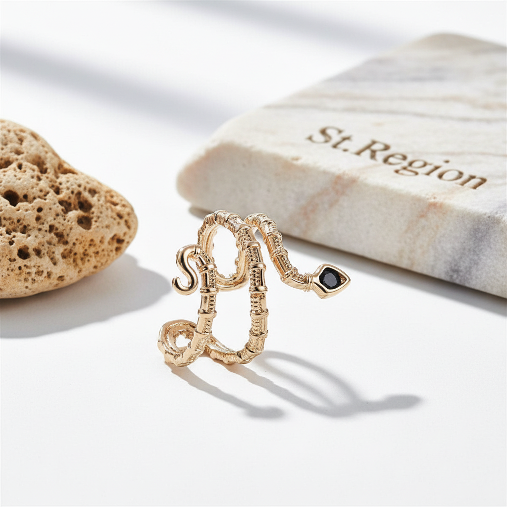 Black Cubic Zirconia & Goldtone Snake Layered Open Ring