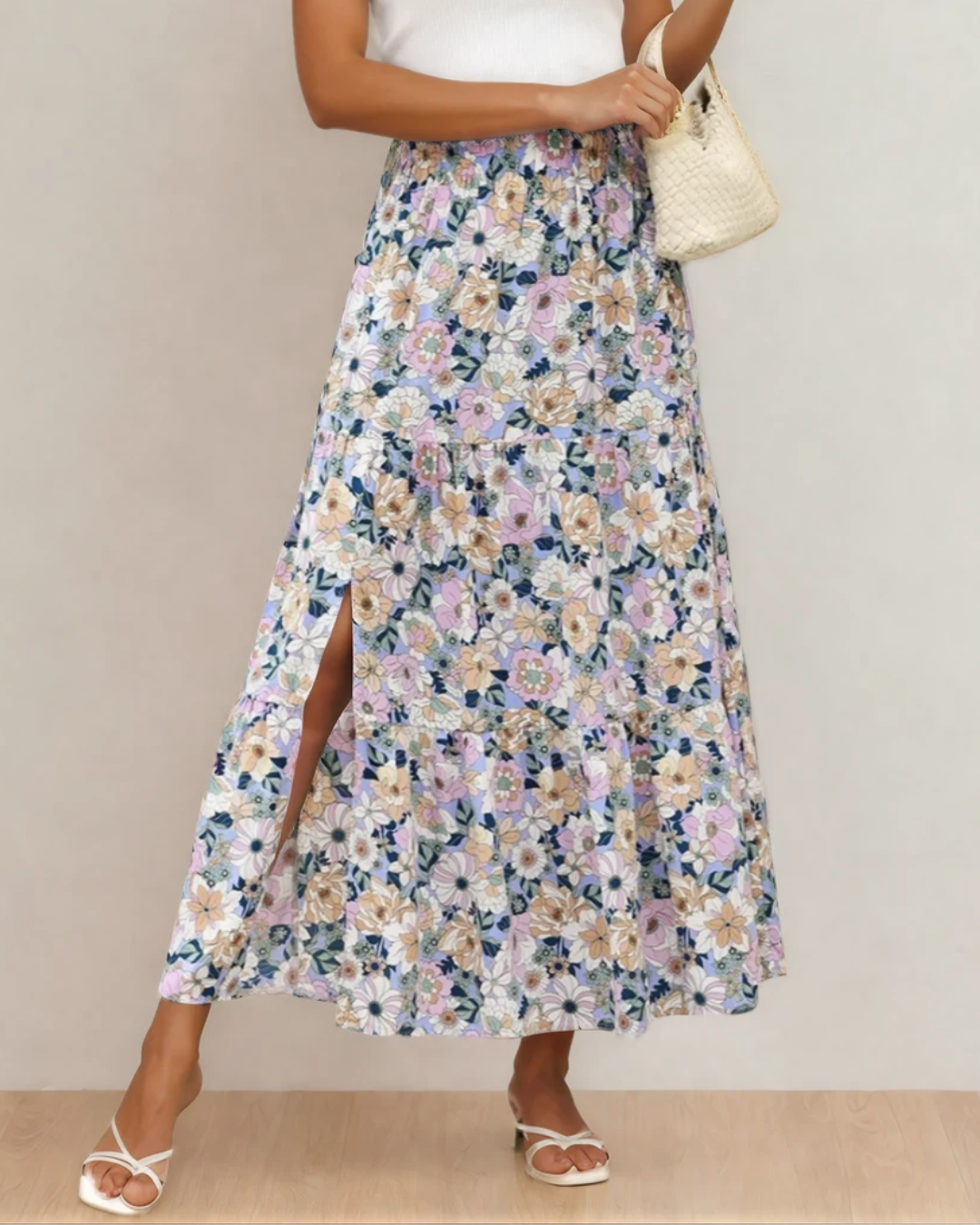 Alethea Bohemian Floral Print Tiered Maxi Skirt with Split - Sky Blue