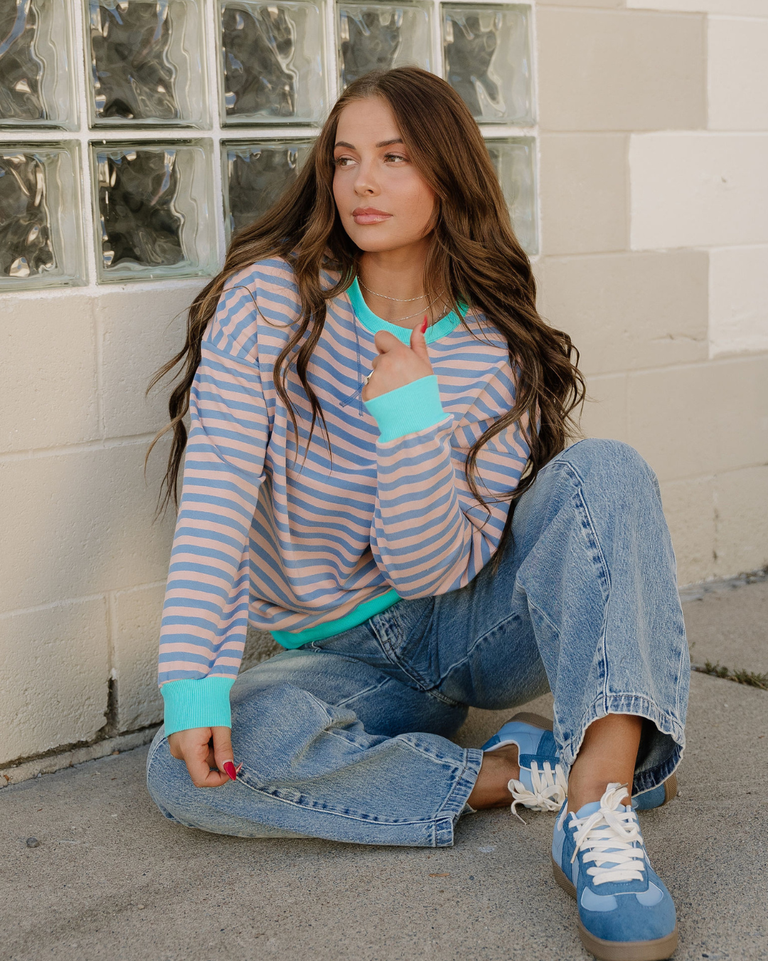 Baya Striped Contrast Trim Drop Shoulder Sweatshirt - Blue/Pink