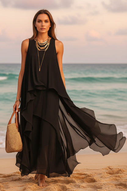 Black Asymmetrical Chiffon Maxi Dress – Flowy Sleeveless Boho A-Line Long Dress for Women