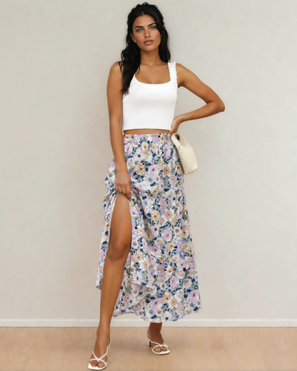 Alethea Bohemian Floral Print Tiered Maxi Skirt with Split - Sky Blue