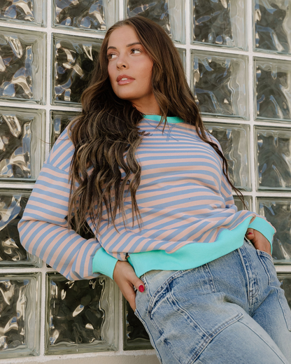 Baya Striped Contrast Trim Drop Shoulder Sweatshirt - Blue/Pink