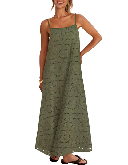 2026 Casual Sleeveless Floral Lace Eyelet Boho Beach Maxi Dress