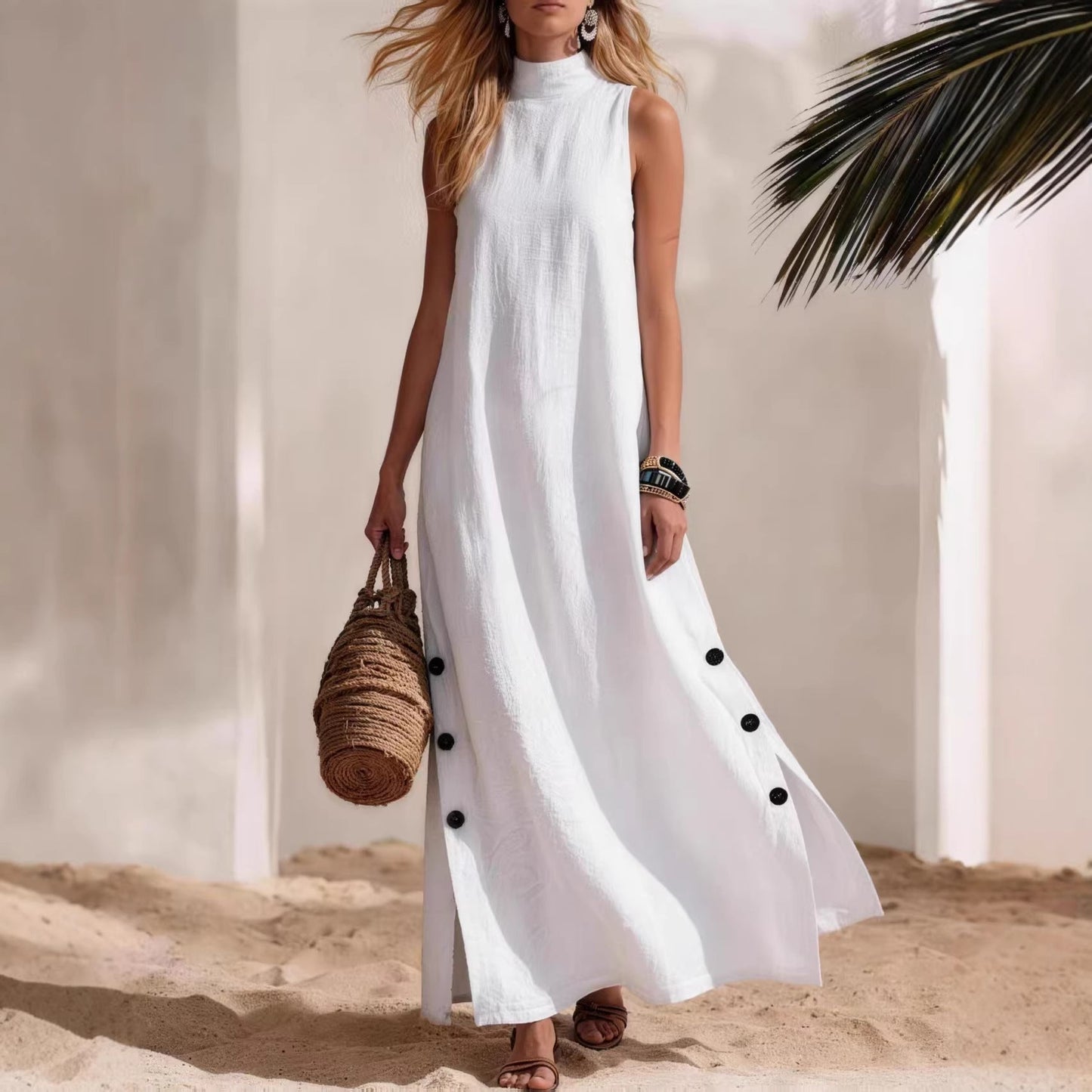 Cotton Linen Sleeveless Midi Dress – Side Slits & Loose Fit