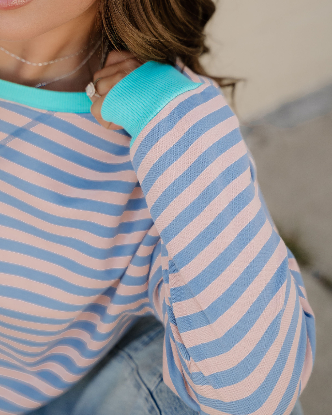 Baya Striped Contrast Trim Drop Shoulder Sweatshirt - Blue/Pink