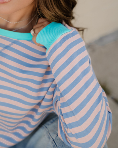 Baya Striped Contrast Trim Drop Shoulder Sweatshirt - Blue/Pink