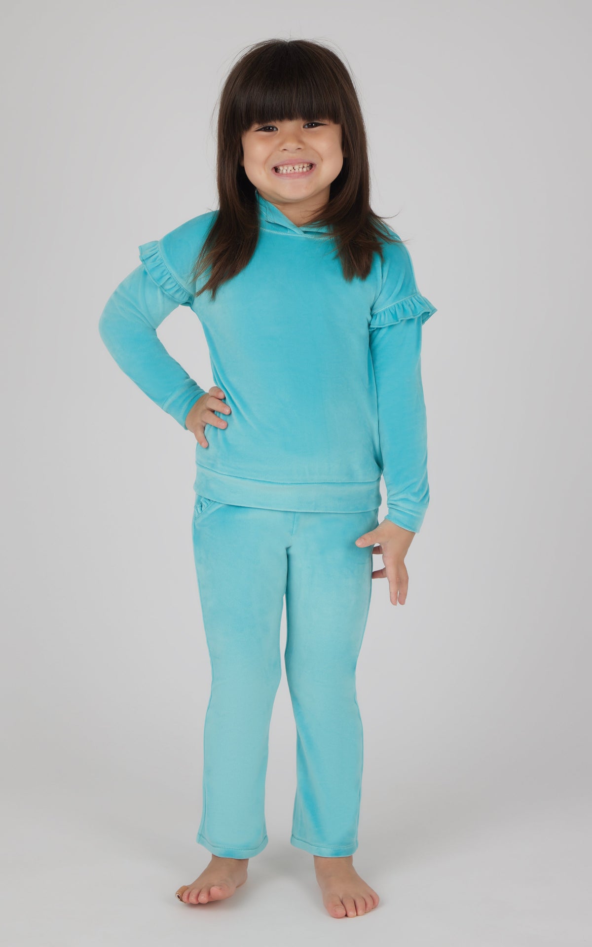 90 Degree by Reflex Toddler Girls 2 PC Velour Ruffle Hoodie and Flare Leg Pant Set