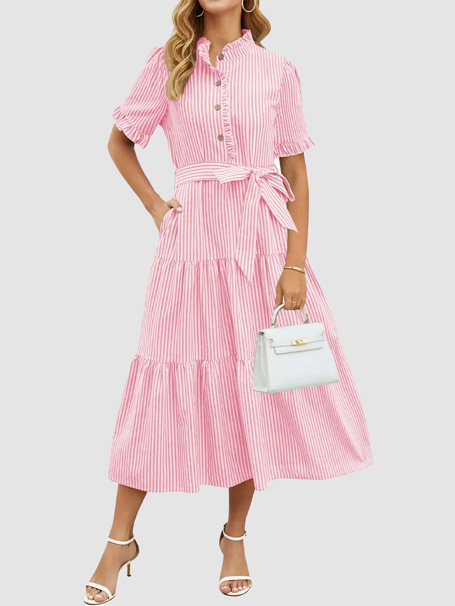 Women's Striped Ruffle Neck Tie-Waist Tiered Midi Dress