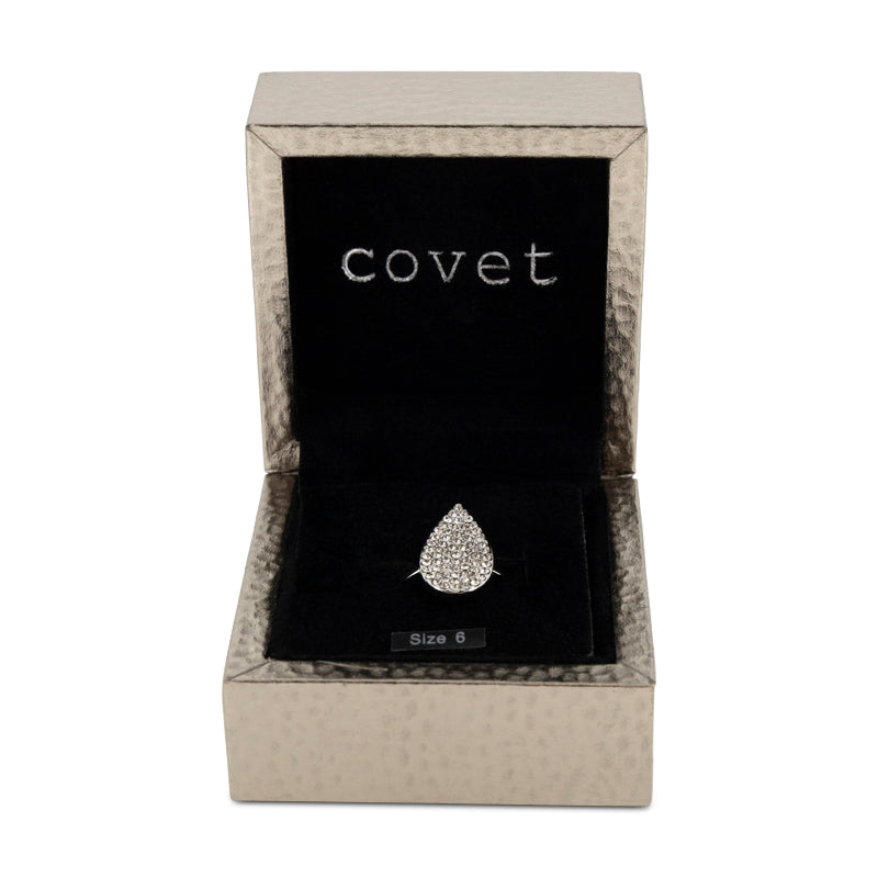Covet Rhodium Plated Cubic Zirconia Teardrop Pave Ring - Size K