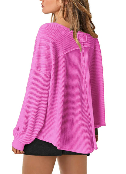 Women's Waffle Knit Oversized V Neck Batwing Long Sleeve Tops
