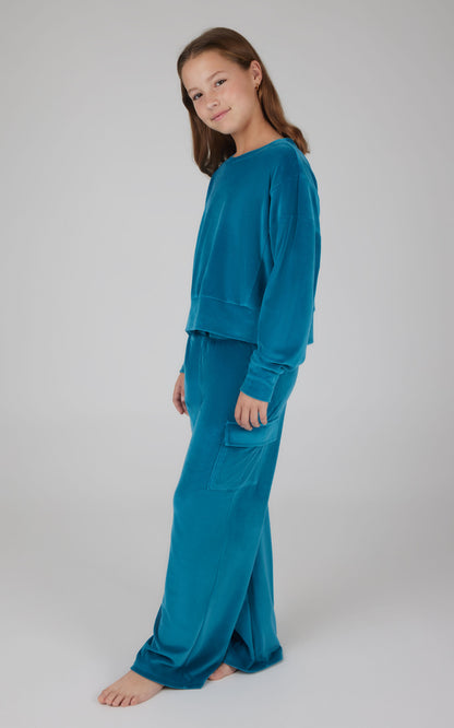 90 Degree by Reflex Girls Velour Crew Pullover With Cargo Pocket Pant