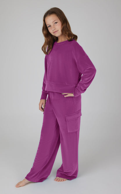 90 Degree by Reflex Girls Velour Crew Pullover With Cargo Pocket Pant