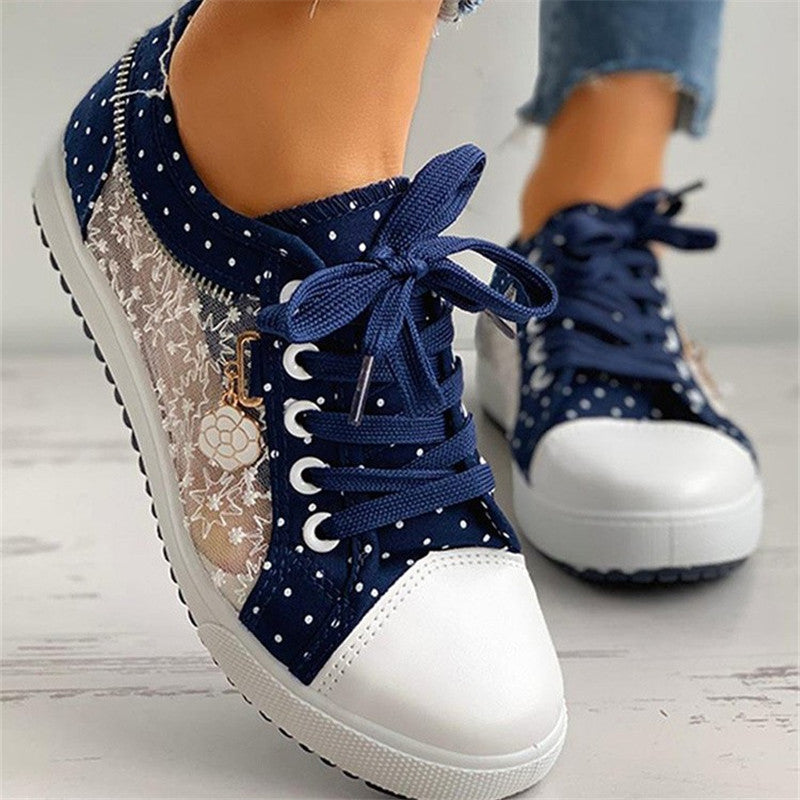 Floral Embroidered Polka Dot Print Sneakers — Women’s Casual Canvas Shoes