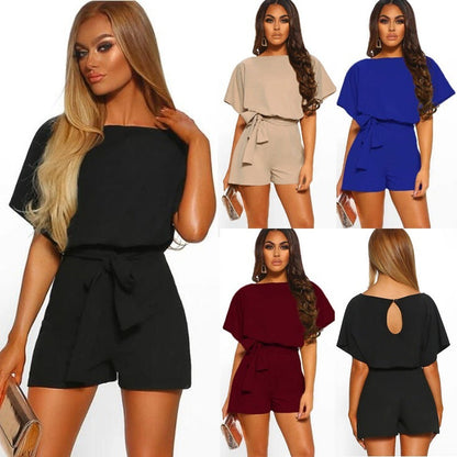 Belted Short Sleeve Silk A-Line Mini Jumpsuit – 4 Colors, S–5XL