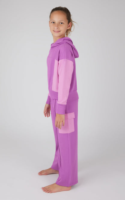90 Degree by Reflex Girls 2 PC Terry Brushed Color Block Sweatshirt and Wide Leg Sweatpant