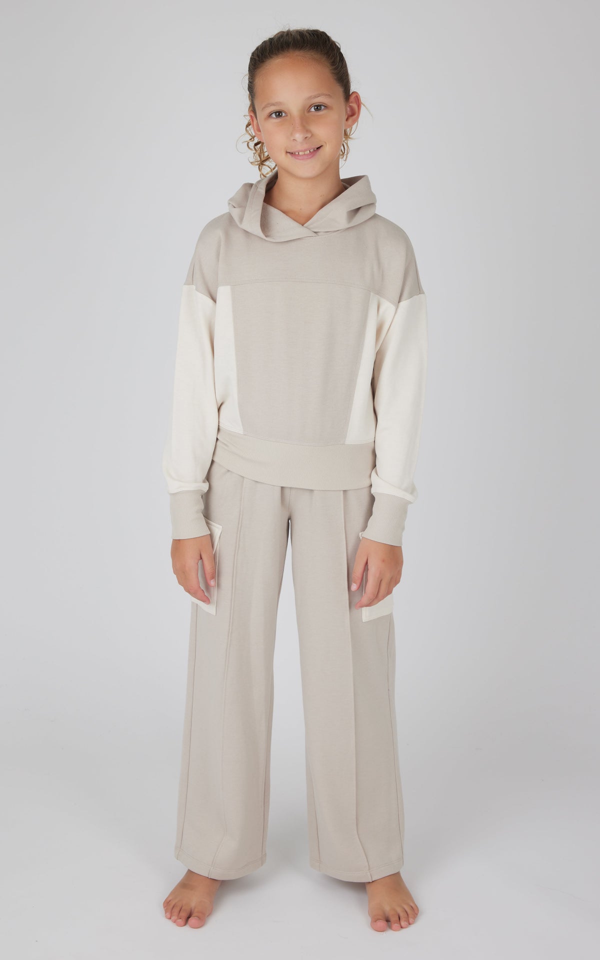 90 Degree by Reflex Girls 2 PC Terry Brushed Color Block Sweatshirt and Wide Leg Sweatpant