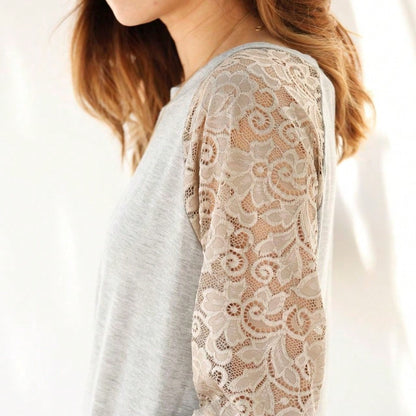 Gold Red Lace Hollow Eyelet Rayon Soft Long  Sleeve Raglan Tunic Top Band Hem Shirt