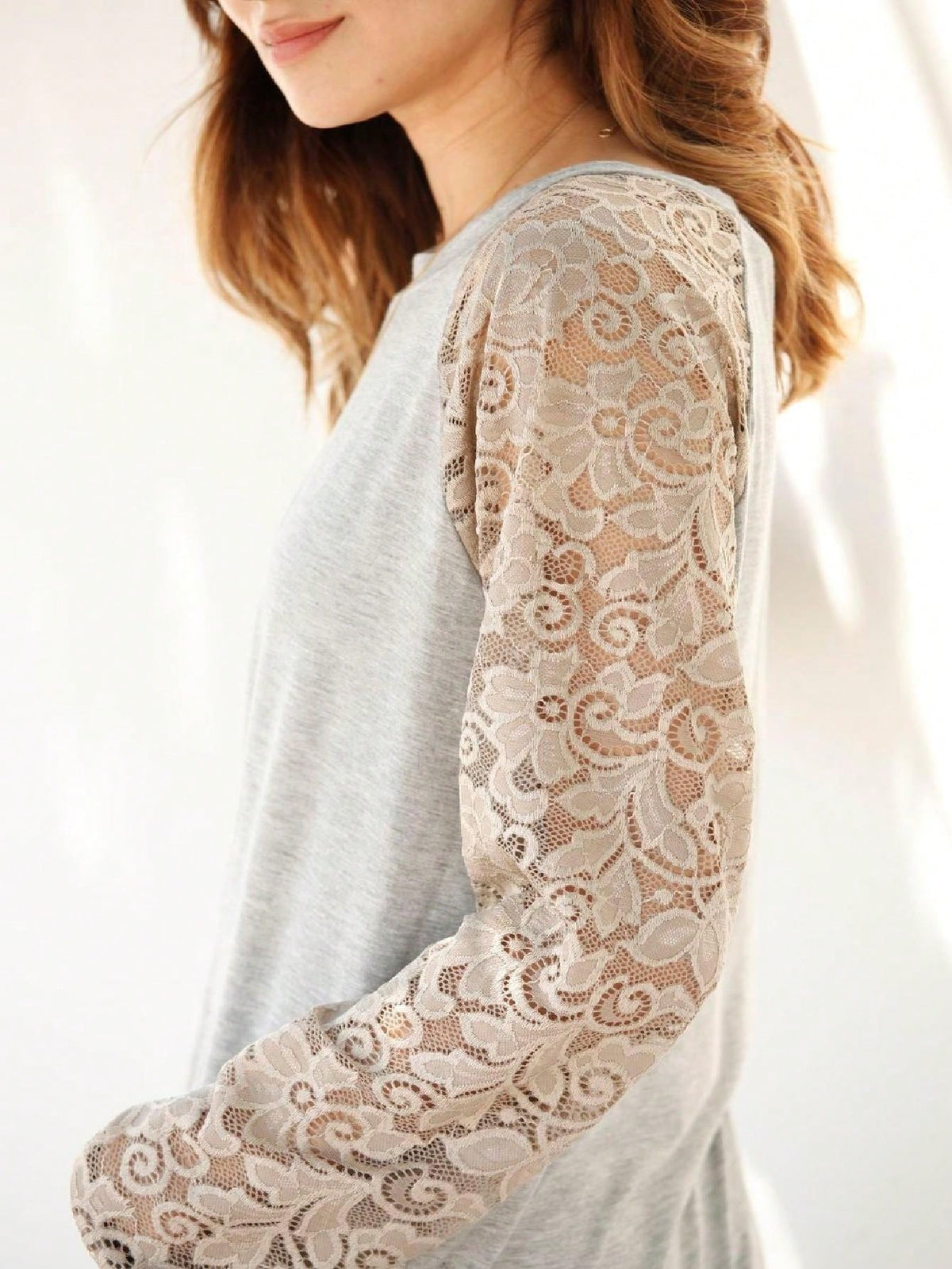 Gold Red Lace Hollow Eyelet Rayon Soft Long  Sleeve Raglan Tunic Top Band Hem Shirt