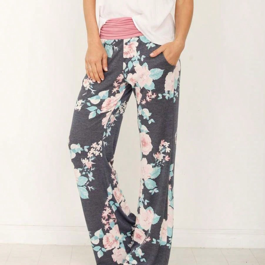 Floral Drawstring Fold Over Band Wide Leg Lounge Pants