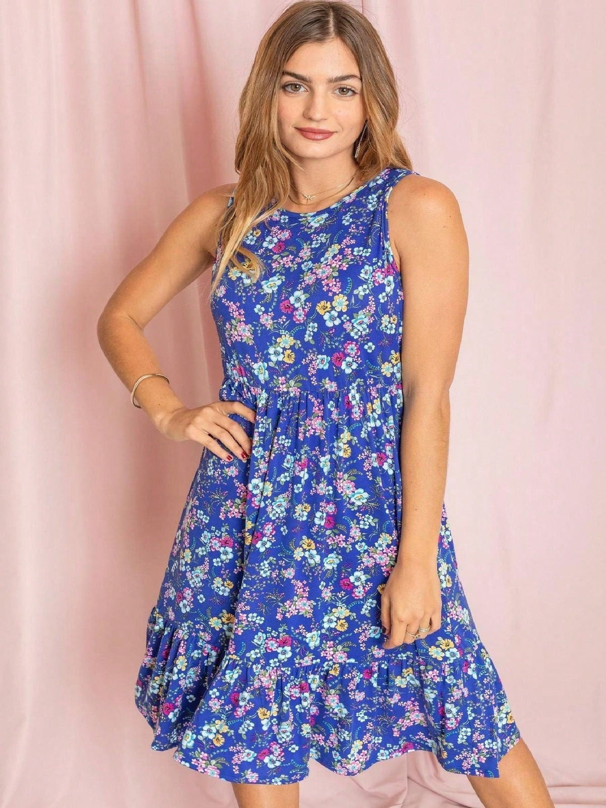 Boho Vintage Royal Navy Blue Tiered Ruffle Ditsy Floral Knee Classic Swing Southern Dress | Small-3 XL Plus
