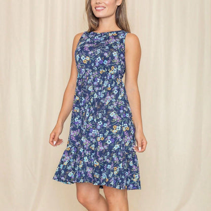 Boho Vintage Royal Navy Blue Tiered Ruffle Ditsy Floral Knee Classic Swing Southern Dress | Small-3 XL Plus