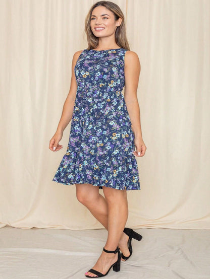 Boho Vintage Royal Navy Blue Tiered Ruffle Ditsy Floral Knee Classic Swing Southern Dress | Small-3 XL Plus