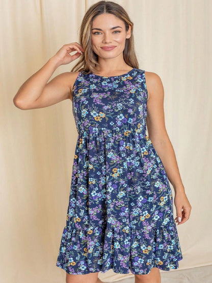 Boho Vintage Royal Navy Blue Tiered Ruffle Ditsy Floral Knee Classic Swing Southern Dress | Small-3 XL Plus