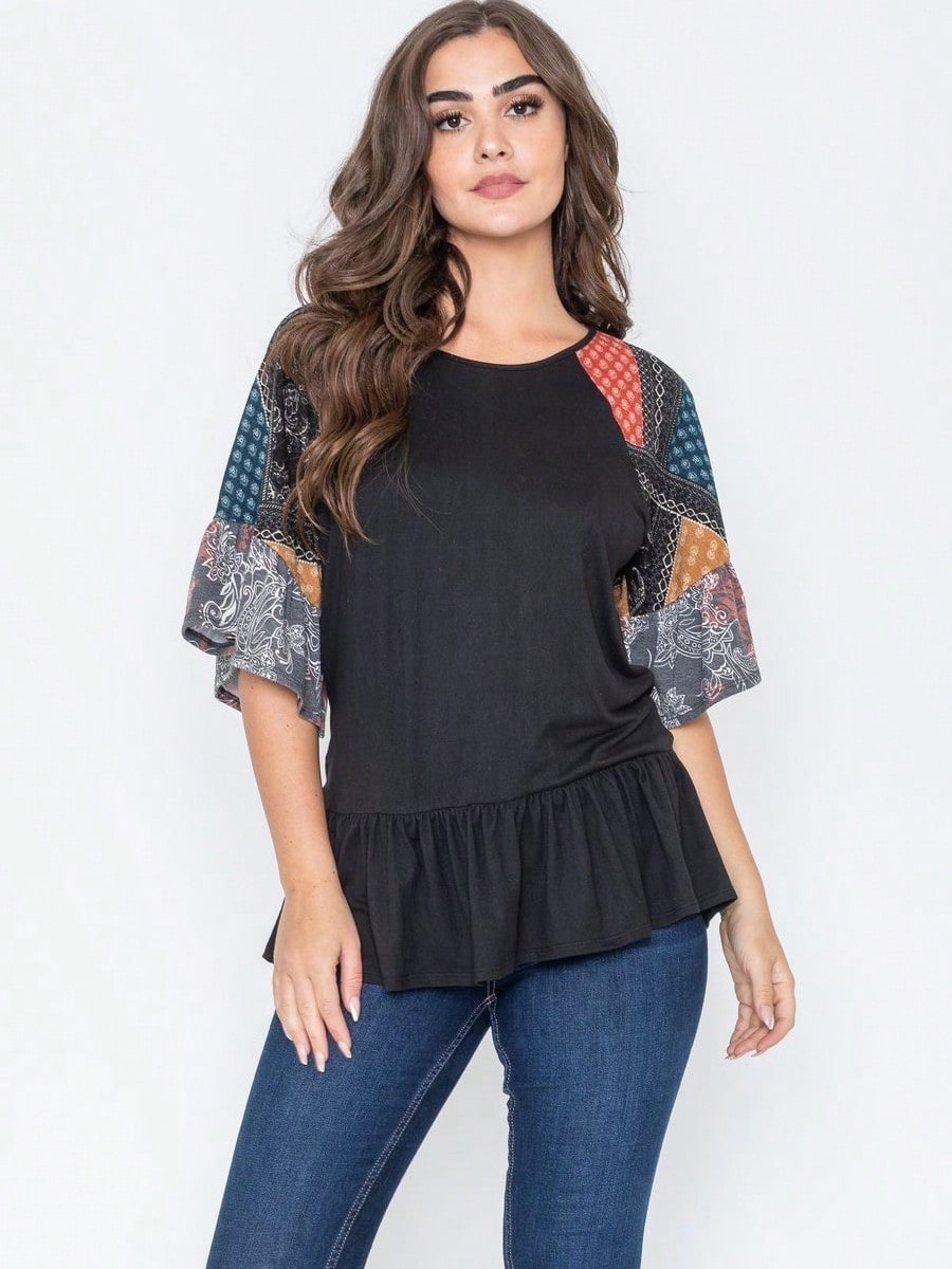 Boho Vintage Black  Charcoal Quilted PatchWork Pattern Raglan Ruffle Flare Sleeve Tunic Blouse Top Small To 3XL Plus