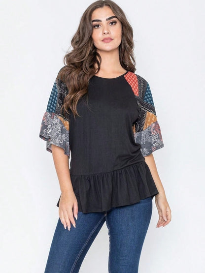 Boho Vintage Black  Charcoal Quilted PatchWork Pattern Raglan Ruffle Flare Sleeve Tunic Blouse Top Small To 3XL Plus