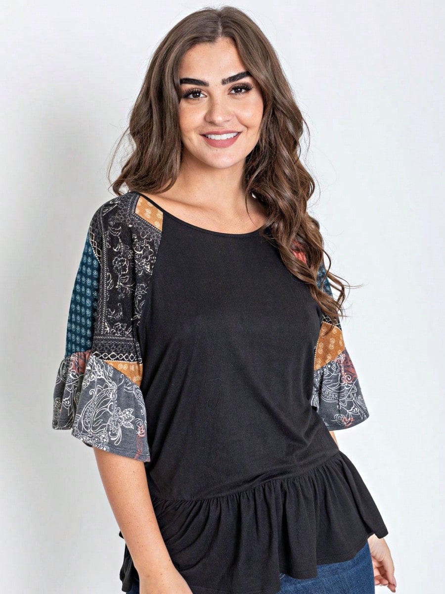 Boho Vintage Black  Charcoal Quilted PatchWork Pattern Raglan Ruffle Flare Sleeve Tunic Blouse Top Small To 3XL Plus