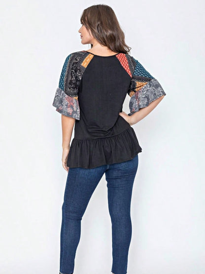 Boho Vintage Black  Charcoal Quilted PatchWork Pattern Raglan Ruffle Flare Sleeve Tunic Blouse Top Small To 3XL Plus