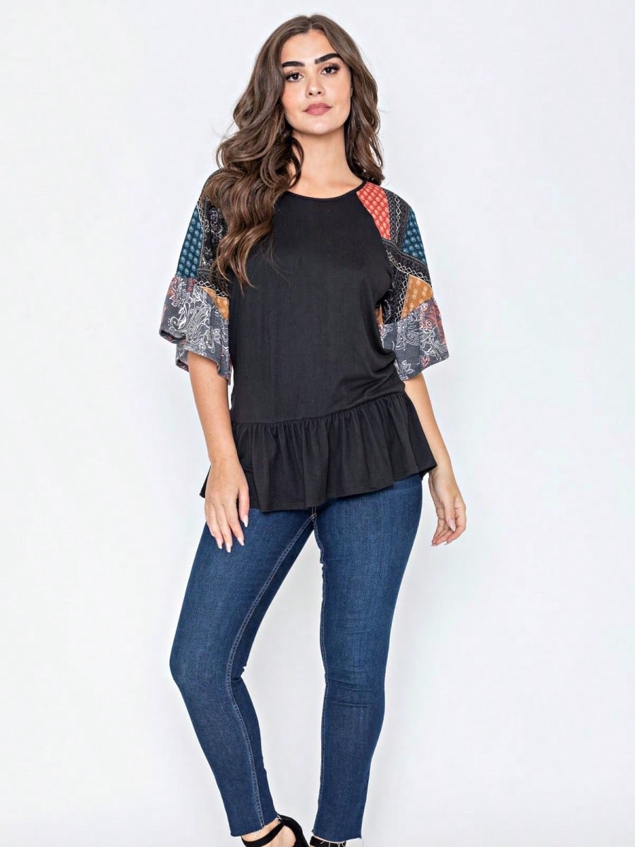 Boho Vintage Black  Charcoal Quilted PatchWork Pattern Raglan Ruffle Flare Sleeve Tunic Blouse Top Small To 3XL Plus