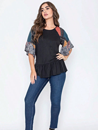 Boho Vintage Black  Charcoal Quilted PatchWork Pattern Raglan Ruffle Flare Sleeve Tunic Blouse Top Small To 3XL Plus