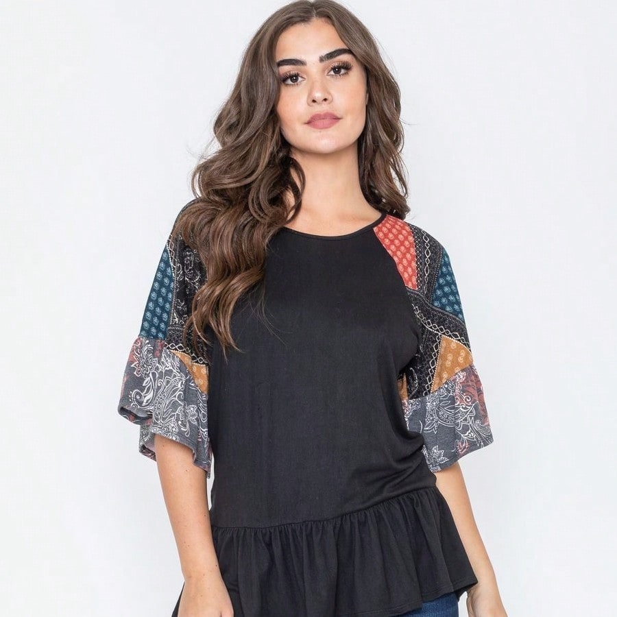 Boho Vintage Black  Charcoal Quilted PatchWork Pattern Raglan Ruffle Flare Sleeve Tunic Blouse Top Small To 3XL Plus