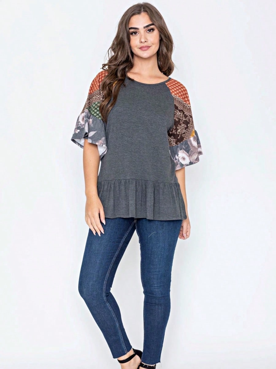 Boho Vintage Black  Charcoal Quilted PatchWork Pattern Raglan Ruffle Flare Sleeve Tunic Blouse Top Small To 3XL Plus