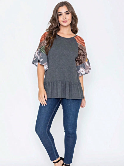 Boho Vintage Black  Charcoal Quilted PatchWork Pattern Raglan Ruffle Flare Sleeve Tunic Blouse Top Small To 3XL Plus