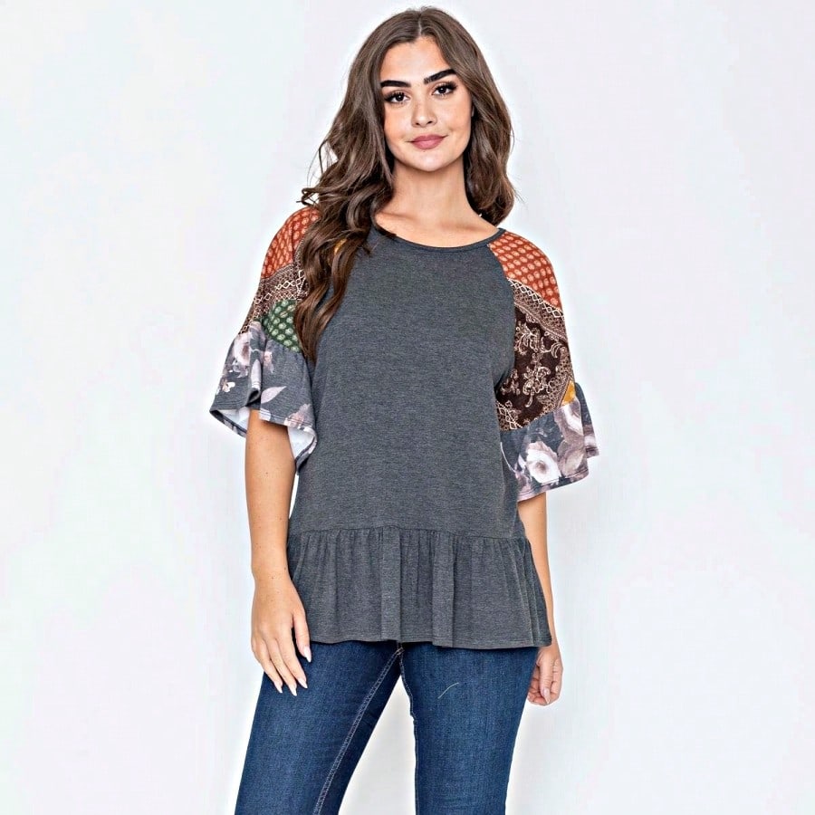 Boho Vintage Black  Charcoal Quilted PatchWork Pattern Raglan Ruffle Flare Sleeve Tunic Blouse Top Small To 3XL Plus