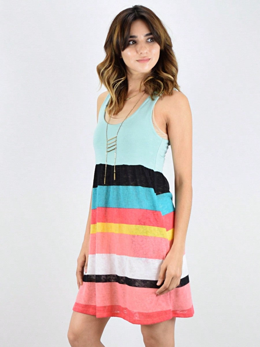 Boho Vintage Chevron Stripe Pink Yellow Navy Sleeveless Mini Poolside Cover Up Dress Small To 3 XL Plus